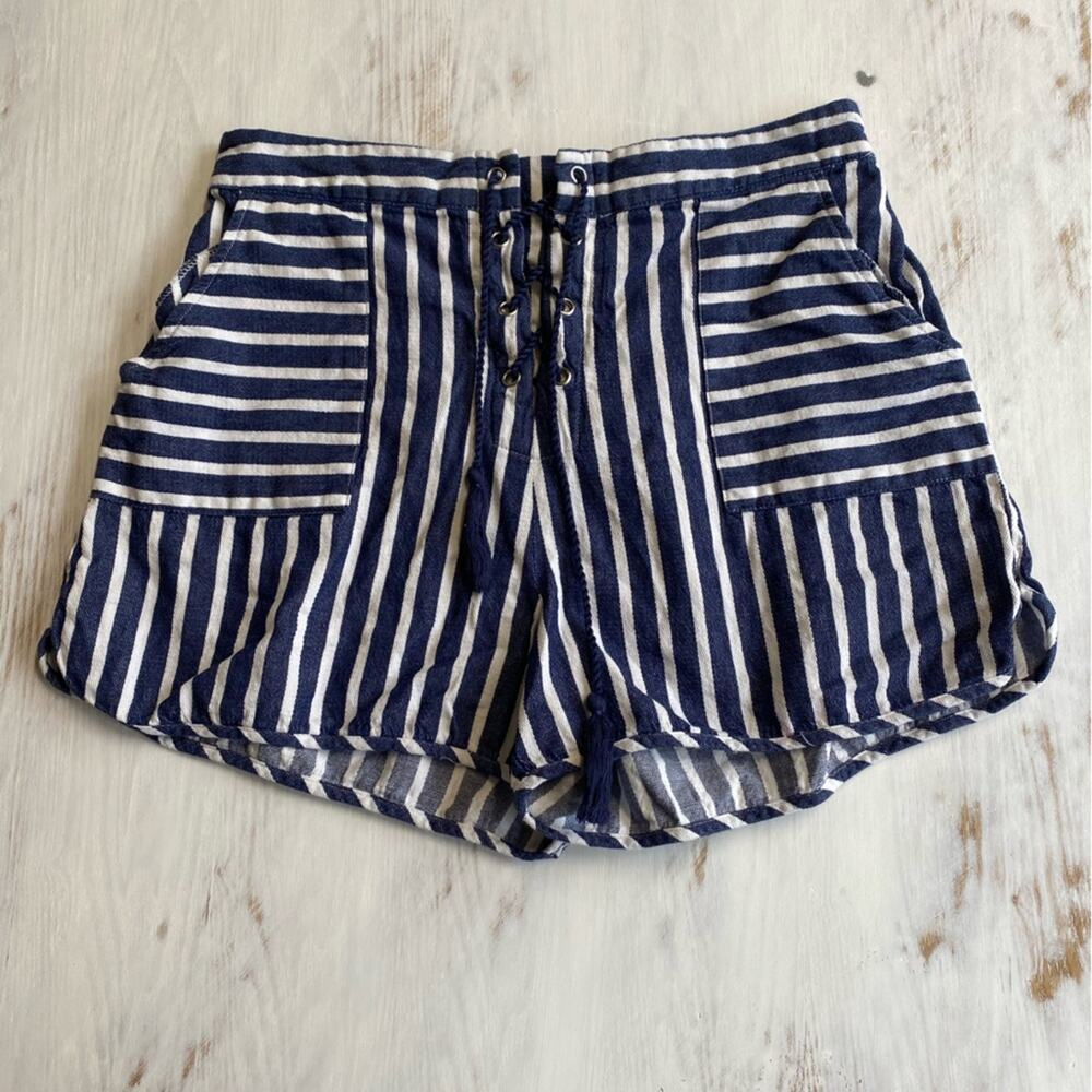 TAKARA Blue White Striped Cotton Sailor Shorts Tie Front Large - Nautical Beach